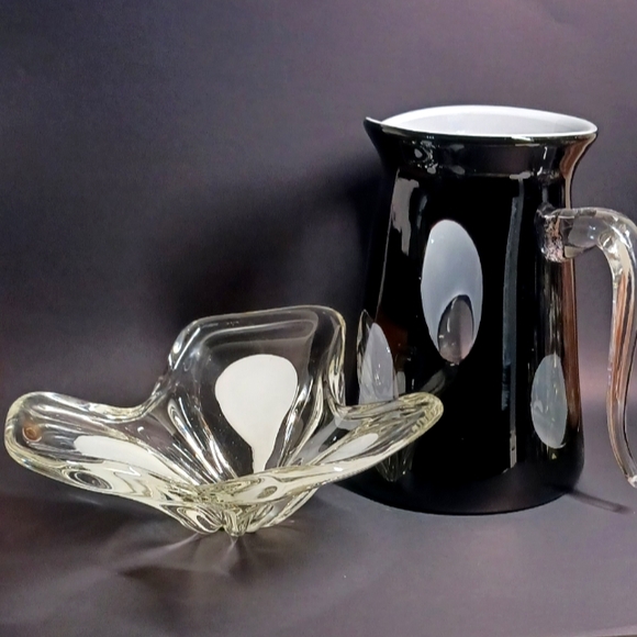 BUNDLE Vintage Murano Art Glass black/white/clear Hand Blown Pitcher & bowl… - Picture 3 of 12